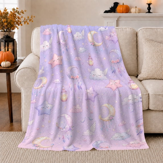 Whimsical Celestial Dreamscape Crescent Moons Sleeping Stars, Festive Holiday Scene, Warm Flannel Blanket for Living Room and Family Room, Art Lovers Housewarming Gift, Festive Home Decor