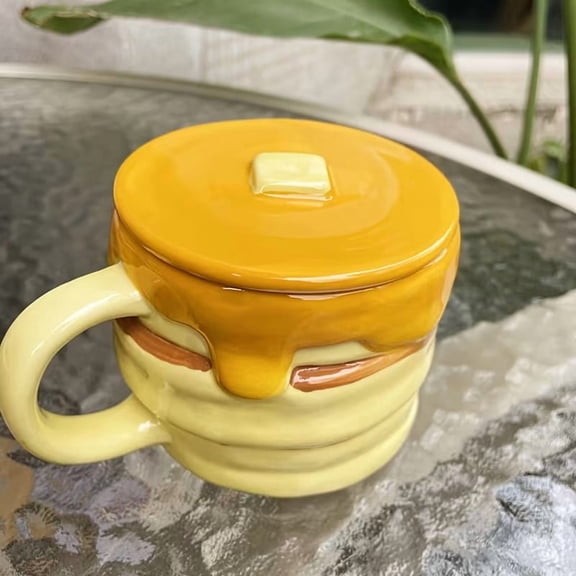 Whimsical Pancake-Shaped Ceramic Mug with Lid Fun Breakfast Cup for Coffee, Tea & Hot Beverages