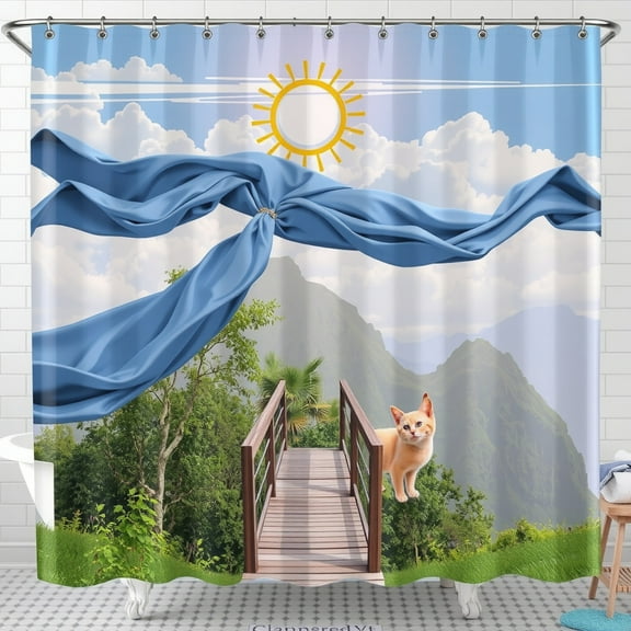 Whimsical Cerulean Blue Shower Curtain with Tropical Landscape & Mountain Vista - Surreal Bathroom Decor