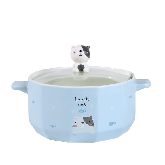 Whimsical Characters Porcelain Ramen Noodle Bowl with Glass Lid 30 fl oz Bowl With Side Handles For Udong, Pho, Tomyum Ramen Noodle Soup (Cat)