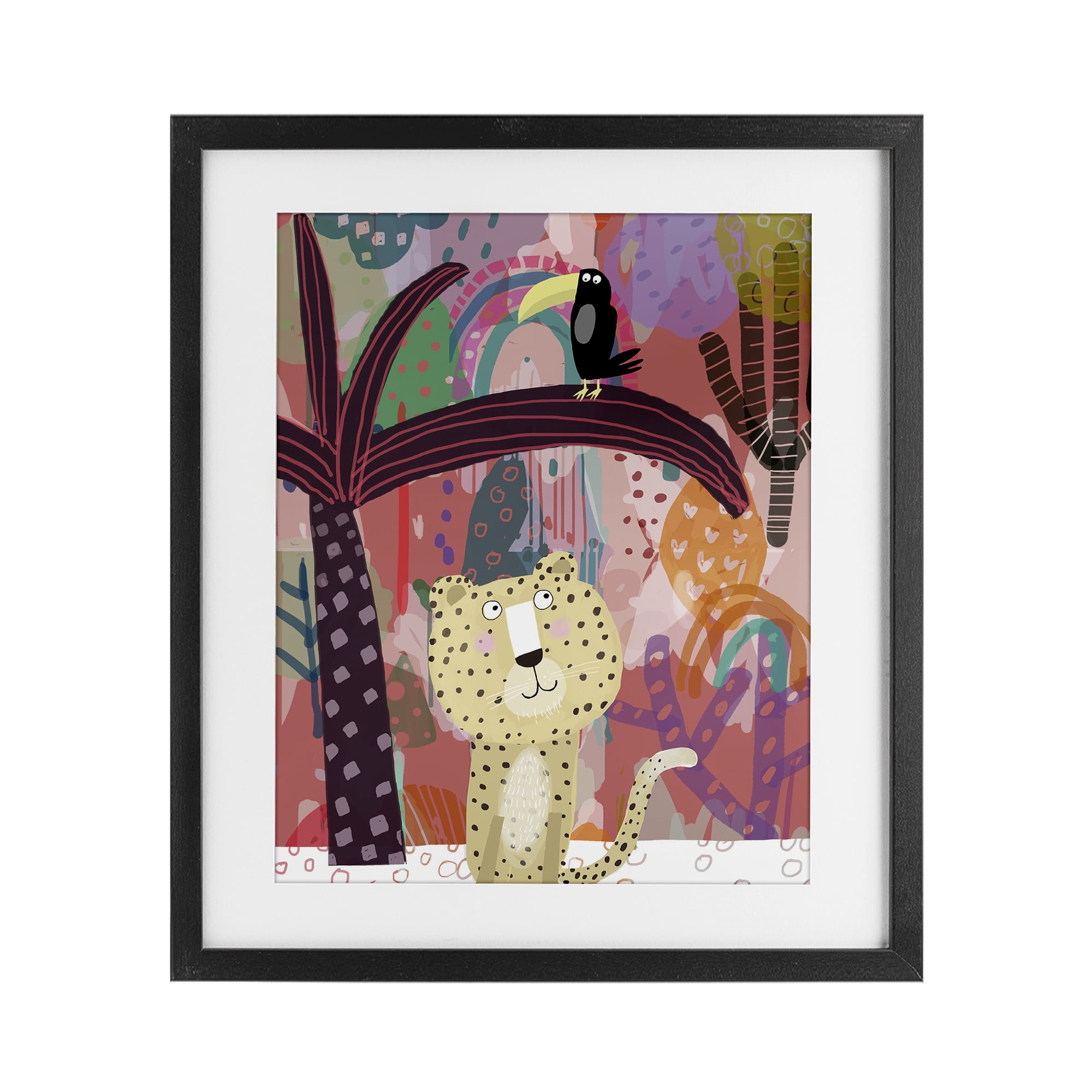 Whimsical Cheetah & Toucan Black Framed Print Under Glass, design by Carla Daly