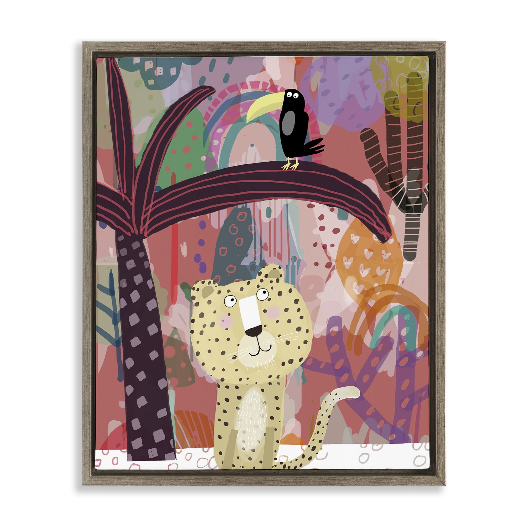 Whimsical Cheetah & Toucan Brown Framed Floater Canvas Wall Art, design by Carla Daly
