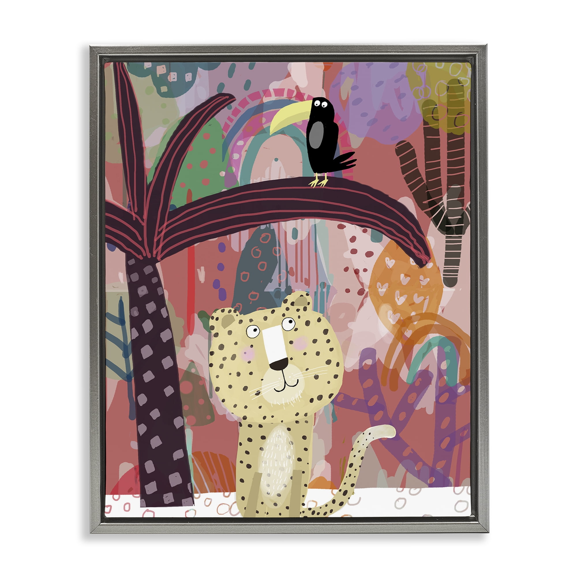 Whimsical Cheetah & Toucan Gray Framed Floater Canvas Wall Art, design by Carla Daly