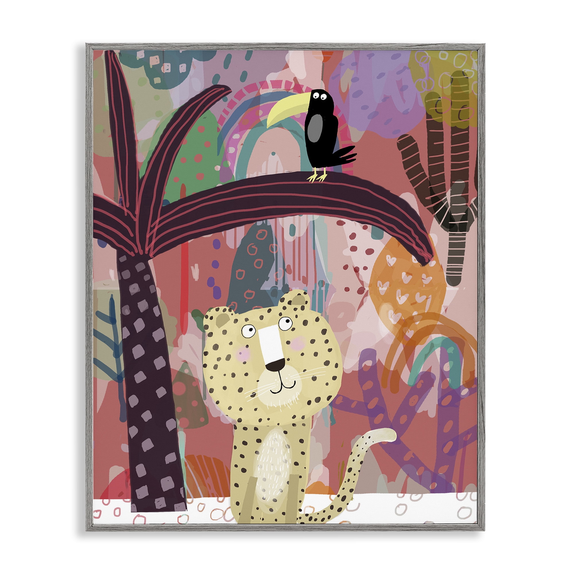 Whimsical Cheetah & Toucan Gray Framed Giclee Art, design by Carla Daly
