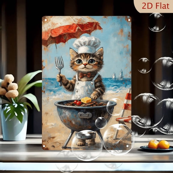 Whimsical Chef Cat at Beach BBQ 8x12in Metal Wall Art, Vintage Oil Painting Style Fluffy Tabby Kitten Cooking with Grill and Sailboats for Coastal Kitchen Decor