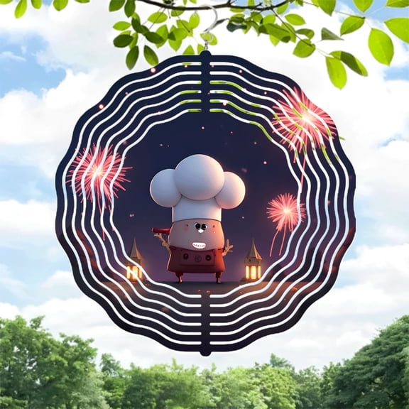 Whimsical Chef Metal Hanging Wind Spinner & Chime - Festive Lanterns & Fireworks Design for Yard & Garden Decor
