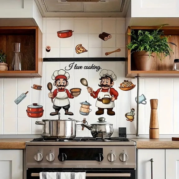 Whimsical Chef-Themed Vinyl Wall Decal - "I Love Cooking" Cartoon Chef Design for Kitchen Decor