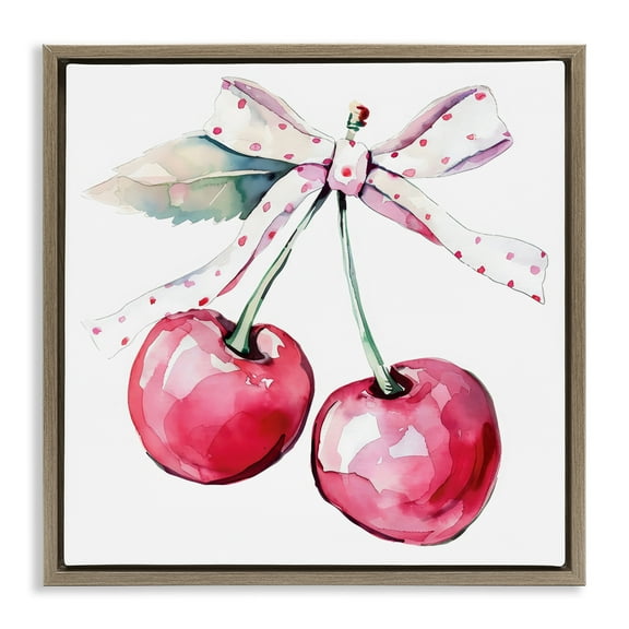 Stupell Industries Whimsical Cherries with Dotted Ribbon Brown Framed Floater Canvas Wall Art, design by Creative Studio