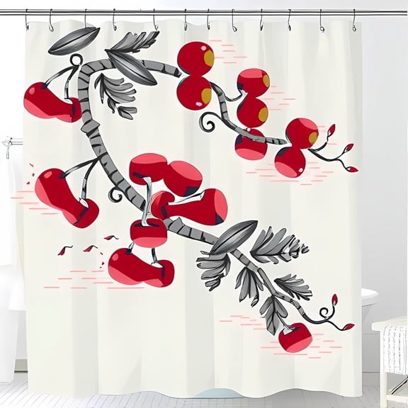 Whimsical Cherry Tree Branch Shower Curtain - Glossy Red Cherries & Textured Green Leaves on Neutral Background - Playful Nature-Inspired Decor