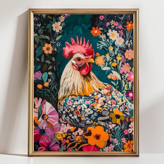 Whimsical Chicken Art Poster, Floral Rooster Print, Farmhouse Decor, Kitchen Wall Art, Gift For Animal Lovers, Henri Matisse Style, Unframed Poster Size 8x12