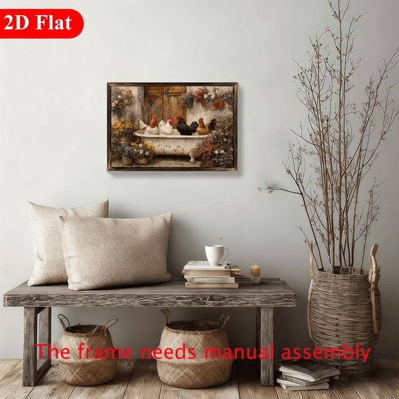 Whimsical Chickens in Vintage Bathtub Wall Art, 12x8 Inch Wooden Framed Oil Painting Print, Rustic Floral Farm Decor for Living Room Kitchen, Perfect Easter & Mother's Day Gift for Farm Lovers