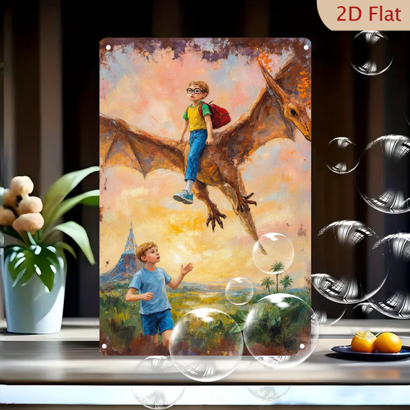 Whimsical Childhood Wonder Art: Boy on Grass Watching Friend Ride Dragon Near Eiffel Tower, Sunset Sky with Palm Trees, Expressive Painterly Style, 8x12 Inches Metal Wall Decor