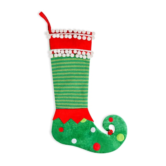 Whimsical Christmas Elf Stocking, Large Holiday Decoration, Striped Green & Red Hanging Sock with Pom Poms, Festive Ornament for Fireplace Mantel, Christmas Party, Gift Holder, Durable & Reusable