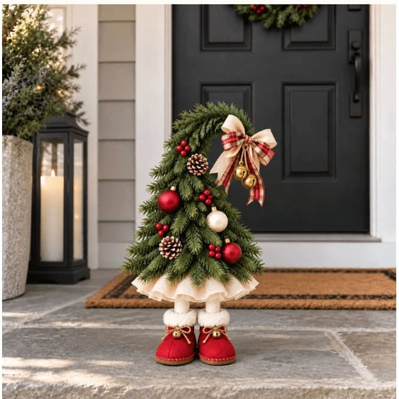 Whimsical Christmas Elf Tree Decor 7.87 inch, Small Plaid Bow Elf Tree Figure with Red Boots Pinecone Berry Accent for Shelf Porch Tiered Tray