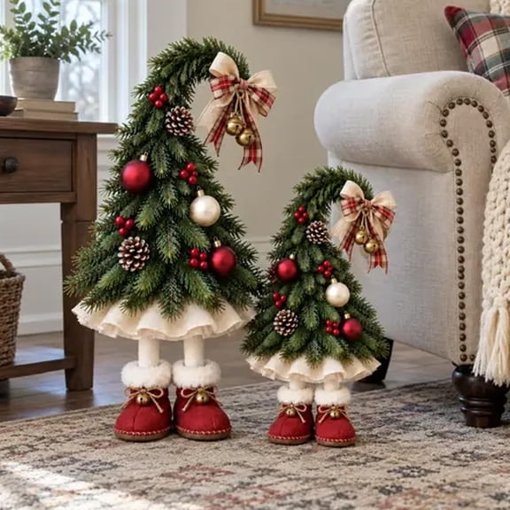 Whimsical Christmas Elf Tree Decor, Mini Evergreen Christmas Tree, with Elf Boots, Plaid Bow & Ornaments, for Table Centerpiece, Mantel Decor