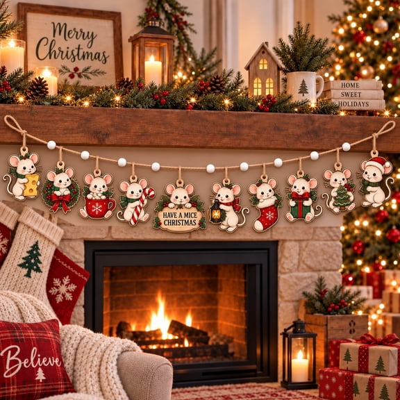 Whimsical Christmas Garland With Cute Mouse Mantel Decorations