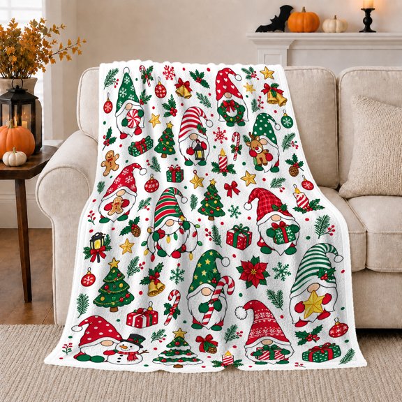 Whimsical Christmas Gnome Gathering, Festive Holiday Scene, Warm Flannel Blanket for Living Room and Family Room with Detailed Artwork, Art Lovers Christmas Gift, Festive Home Decor