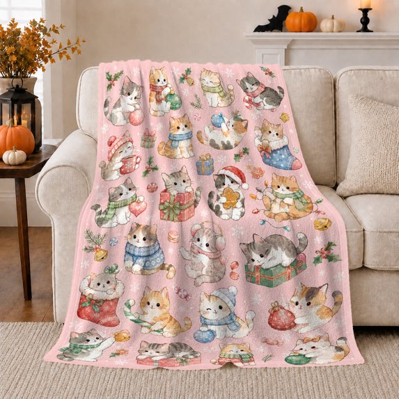 Whimsical Christmas Kitten Holiday Art, Festive Pet Portrait Pattern, Warm Flannel Blanket for Living Room and Bedroom, Cat Lovers Christmas Gift, Pet Lover Home Decor
