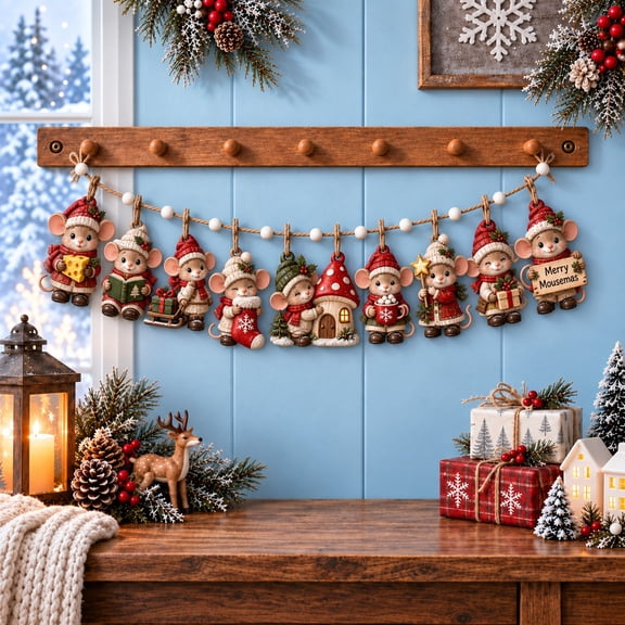 Whimsical Christmas Mouse Village Hanging Garland Decor