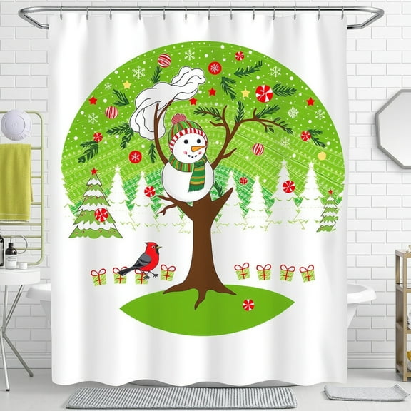Whimsical Christmas Shower Curtain - Snowman Trees Festive Holiday Decor for Bathroom