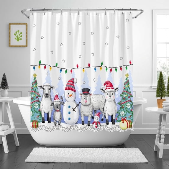 Whimsical Christmas Shower Curtain - Snowmen Sheep & Trees in Festive Design
