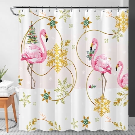Whimsical Christmas Shower Curtain with Pink Flamingos & Gold Snowflakes