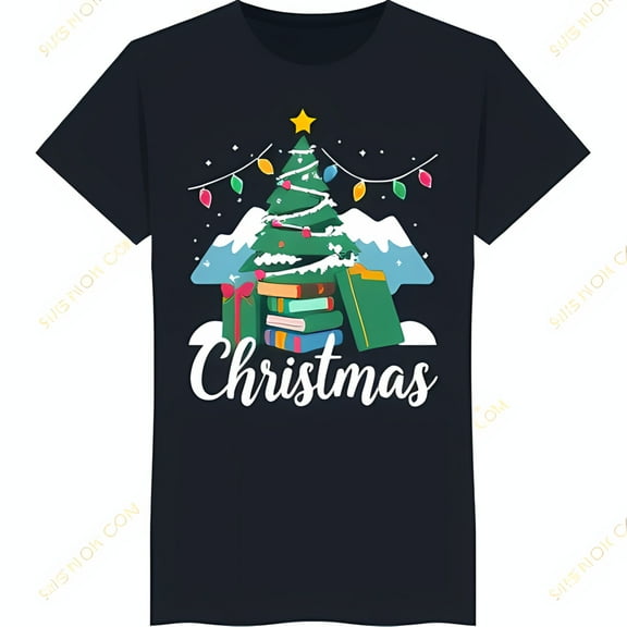 Whimsical Christmas Tree Made of Graphic Black T-Shirt for Book Lovers