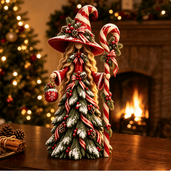 Whimsical Christmas Witch Resin Figurine Collection, Enchanted Winter Tree Dress Set, Snowy Branches And Berry Details, Shelf And Tabletop Decor (Candy Style)