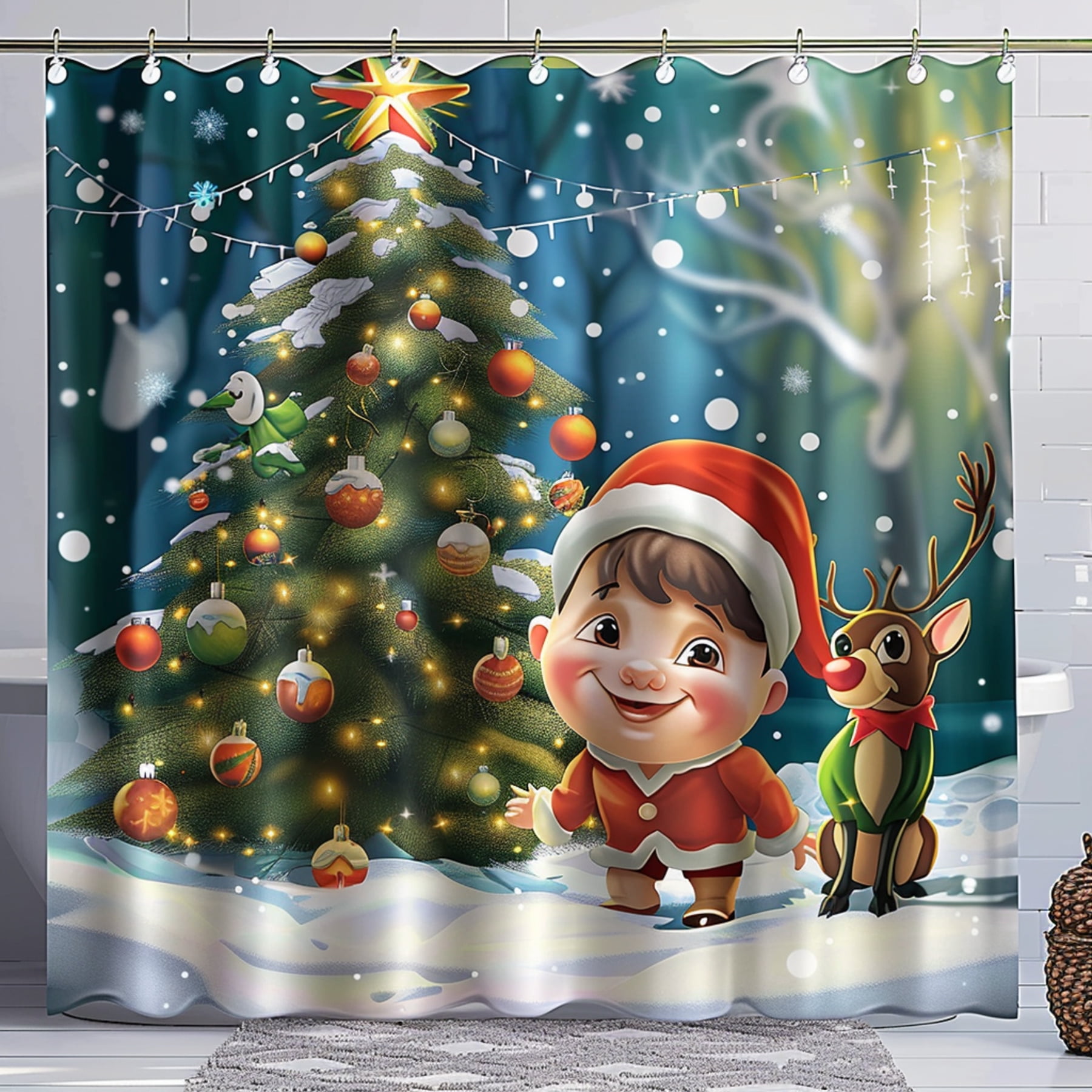 Whimsical Christmas Wonderland Shower Curtain Elf Deer and Baby in