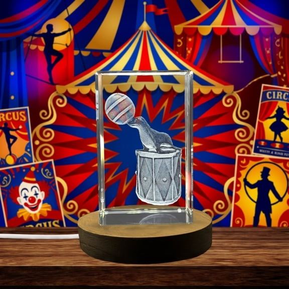 Whimsical Circus Seal Playing Drums Crystal Recognition Award with LED Base Light