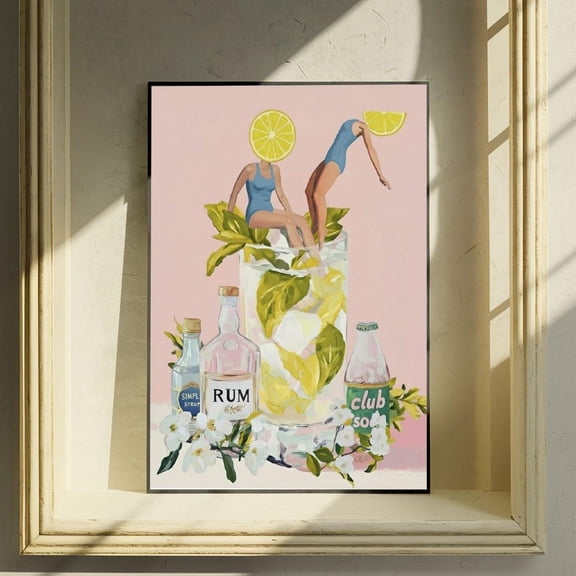 Whimsical Citrus Swimmer Poster, Surreal Summer Cocktail Art Poster Li-T10-101, Unframed Poster Size 8x12