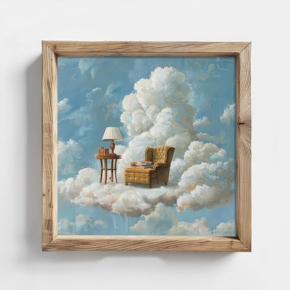 Whimsical Cloud Reading Nook Art Print, Vintage Surreal Library Decor 24x36 Unframed Poster