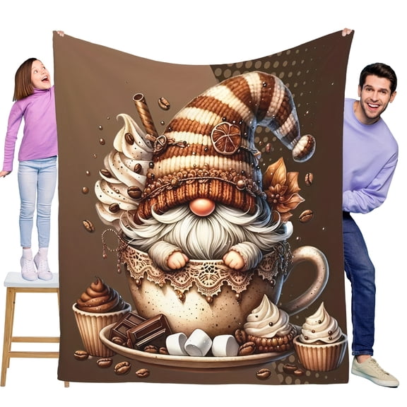 Whimsical Coffee Cup Gnome & Cupcake Print Flannel Blanket Soft Warm Skin-Friendly All-Season Comfort for Sofa Bed Car Office & Home Decor Charming Hypoallergenic Gift Blanket