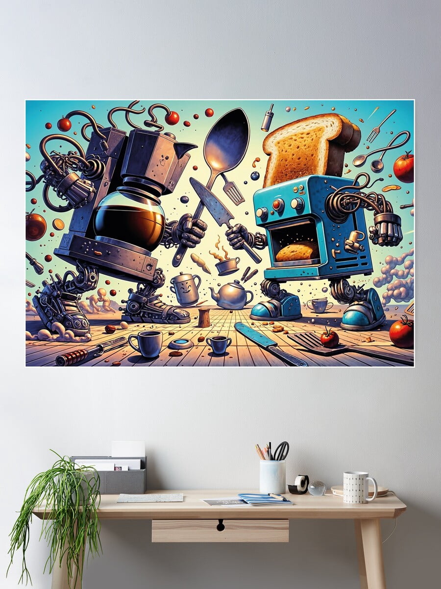 Whimsical Coffee Maker Vs. Toaster Duel Poster Wall Art, Modern Wall ...