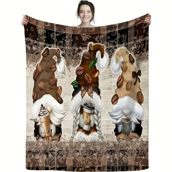 Whimsical Coffee-Themed Gnome Fleece Blanket - Soft, Cozy Flannel Throw with Playful Cartoon Designs for All Seasons - Ideal Gift for Friends & Family