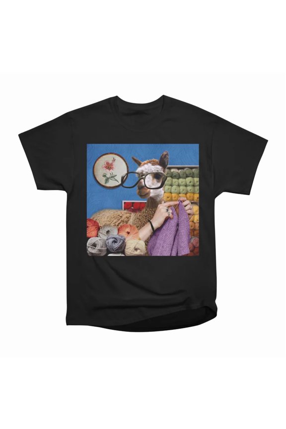 Whimsical Collage Art Print Llama Tried Funky Llama with Glasses Knitting in Yarn Shop T-S
