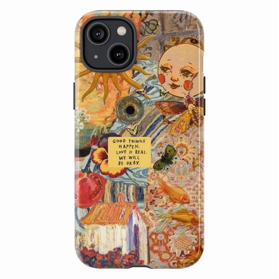 Whimsical Collage Phone Case, Sun, Moon & Goldfish with Positive Affirmation, Phone Cover for iPhone 16 15 14 13 12 Pro Max Mini