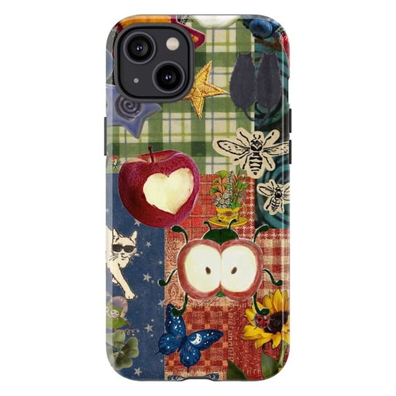 Whimsical Collage Phone Case, Vintage Apple and Butterfly Patchwork Design, Artistic Retro iPhone Cover for iPhone 17 16 15 14 13 12 11 Pro Plus Mini