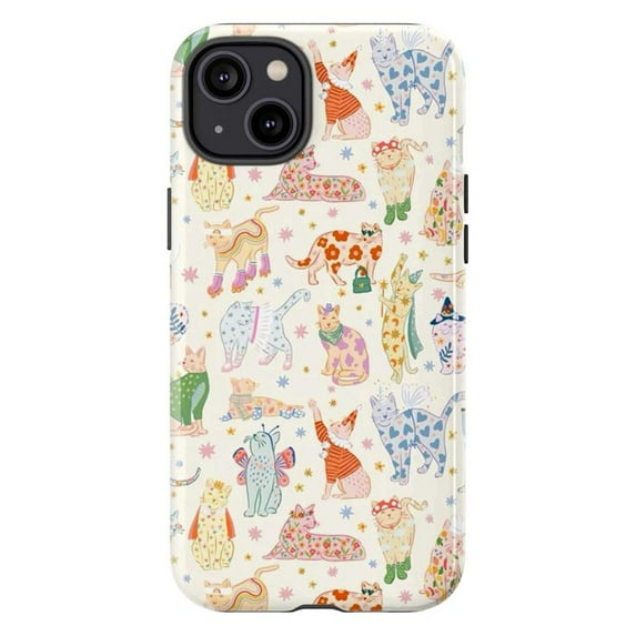 Whimsical Colorful Cat Pattern Phone Case, Fun Cartoon Kitty Print iPhone Cover, Cute Artistic Cat Lover Protective Case for iPhone 16 15 14 13 12 11
