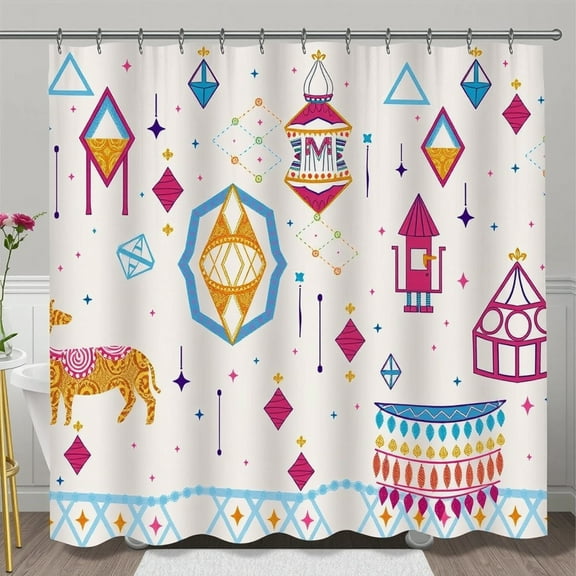 Whimsical Colorful Geometric Shower Curtain with Cute Animal Design
