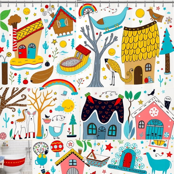 Whimsical Colorful Shower Curtain with Playful Houses& Rainbows