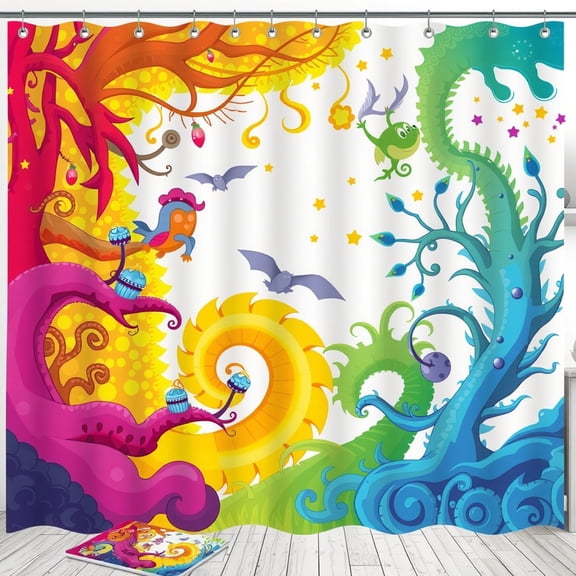 Whimsical Colorful Shower Curtain with Trees, Creatures & Stars - Fun Design