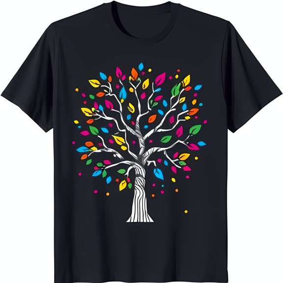 Whimsical Colorful Tree Graphic on Black T-Shirt Minimalist Design for Joyful Style