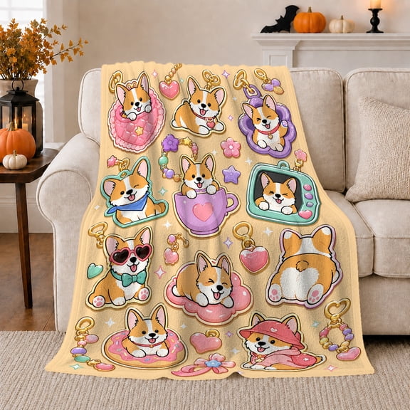 Whimsical Corgi Dog Pattern, Playful Pet Portrait Pattern, Warm Flannel Blanket for Living Room and Reading Nook, Dog Lovers Friendship Gift, Pet Lover Home Decor