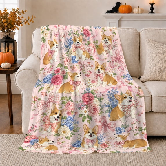 Whimsical Corgi Dog Pink Roses Bows Design, Playful Pet Portrait Pattern, Warm Flannel Blanket for Living Room and Reading Nook, Dog Lovers Thanksgiving Gift, Pet Lover Home Decor