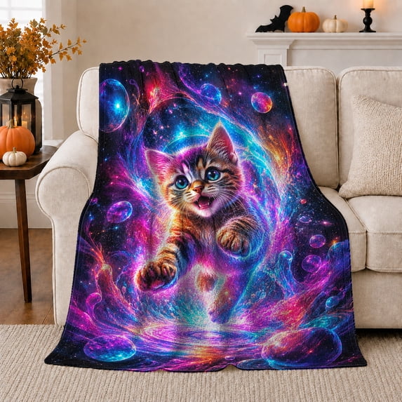 Whimsical Cosmic Kitten Leaping Through Swirling Neon Nebula, Mystical Pet Portrait Pattern, Warm Flannel Blanket for Living Room and Bedroom, Cat Lovers Just Because Gift, Pet Lover Home Decor