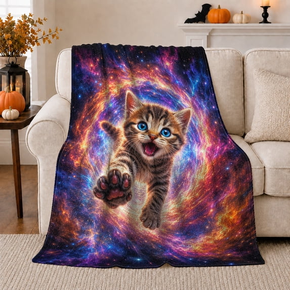 Whimsical Cosmic Nebula Space Cat Leaping Through Vibrant, Playful Pet Portrait Pattern, Warm Flannel Blanket for Living Room and Reading Nook, Cat Lovers Friendship Gift, Pet Lover Home Decor