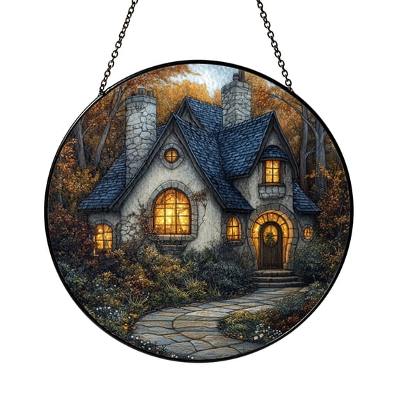 Whimsical Cottage Countryside Stained Glass Style Window Art, Cozy Vintage Home Accent