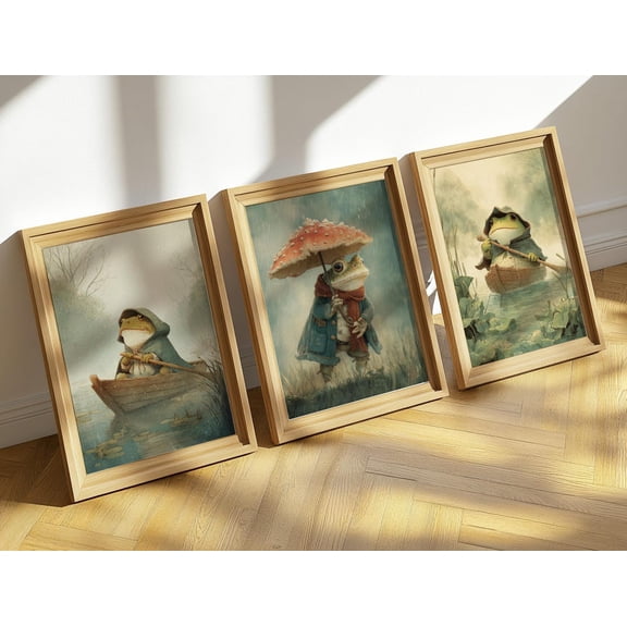 Whimsical Cottagecore Frog Art Bundle Vintage Frog Animal Nature Art Set 3 Unframed Paper Print 20x30