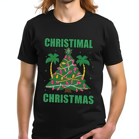Whimsical Cotton Short Sleeve T-Shirt - " CHRISTIMAL CHRISTMAS " with Tropical Christmas Tree & Trees Design